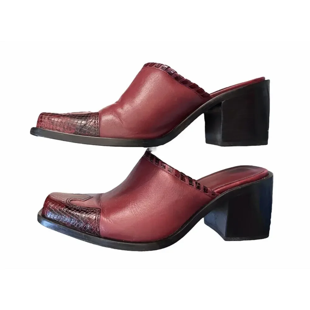 Western Boot Mules Red Burgundy Slip-On Block Heel Cowboy by Connie 6.5